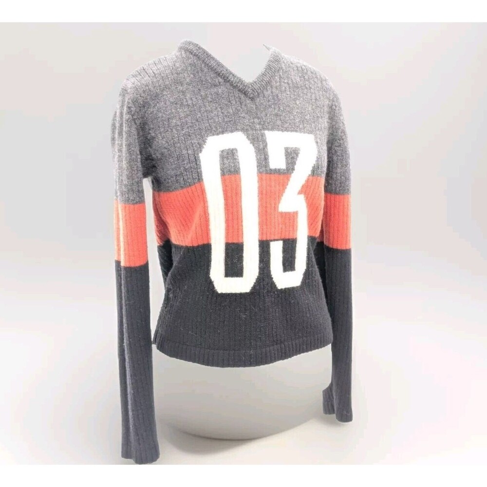 Harley Davidson Wool Color Block Gray Orange V-Neck Sweater Size Small/Medium